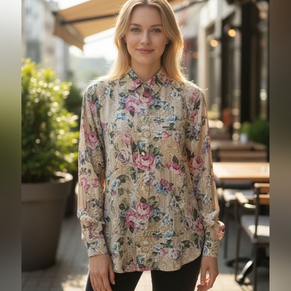 Casual Corner Tops - Casual Corner Silk Floral Vintage Button Up Blouse. Size Large
